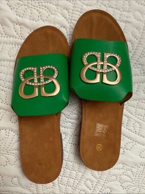 Green Slide Sandals with Gold Emblem